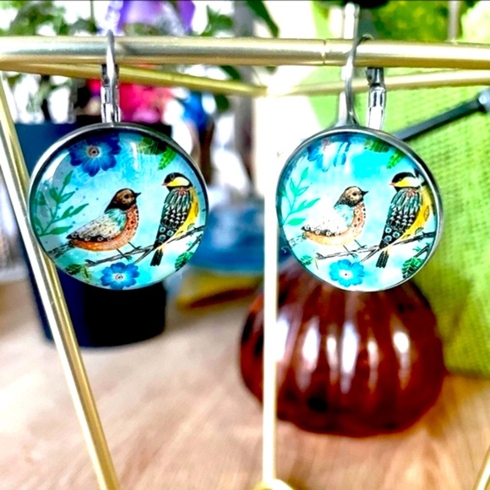 Bird Print Stainless Steel French Clasp Earrings, NWT